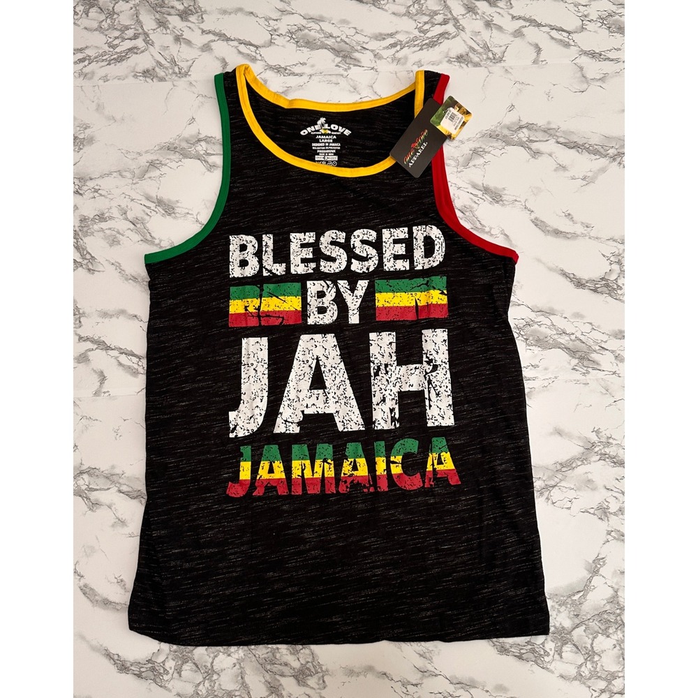 One Love Apparel Blessed By Jah Jamaica Rasta Tank Top Black Marl Mens Large NWT